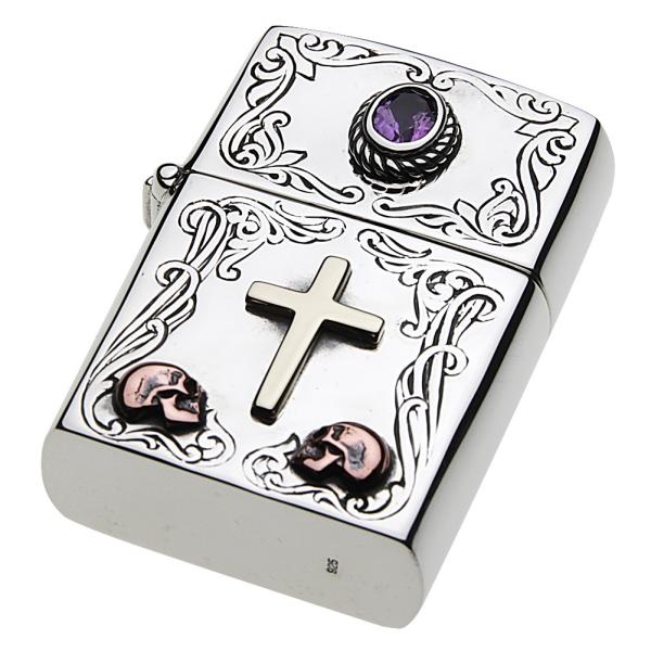 シルバー アクセサリー クロスオイルライター アメジスト スカル