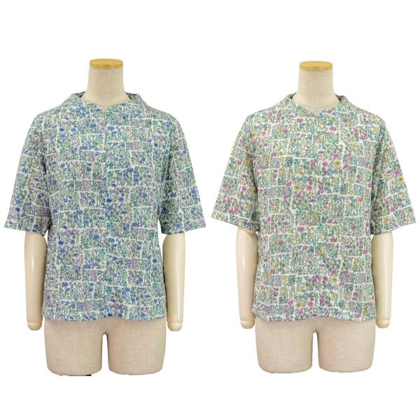 5分袖 綿混ニット プリント ロングファスナー ストレッチ カットソー Tシャツ シニアファッション 春夏 トップス 母の日 介護 施設 デイザービス