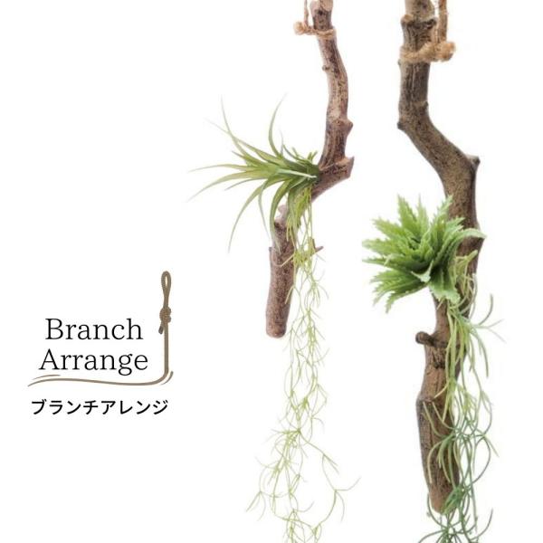 《ブランチアレンジ》吊り下げて飾る個性的な小枝と植物のアレンジ。ハイクオリティのアーティフィシャルグリーンです。【商品名】ブランチアレンジ 【販売単位】１個【入数】　  １個【サイズ】 全長52cm【素材】 PE 鉄 PA 麻