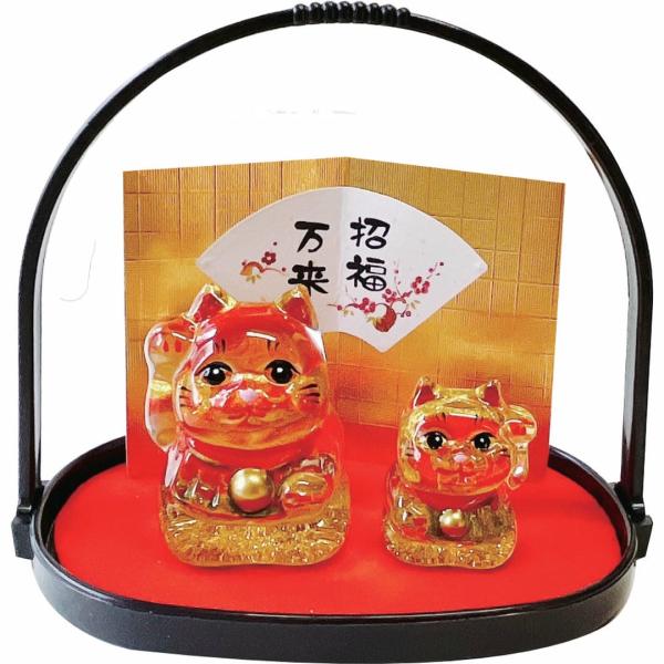 希少品！招き猫 親子 縁起物 置物　ヴィンテージ 親子招き猫 金 硝子盆飾り E-4 ガラス 置物 置き物 おしゃれ かわいい