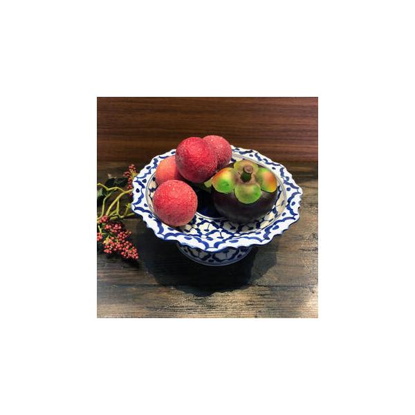【タイ式・高式・中皿　18cm】 青白陶器 青白食器 パイナップル柄 陶器　小皿 タイ料理 アジアン料理 タイ雑貨