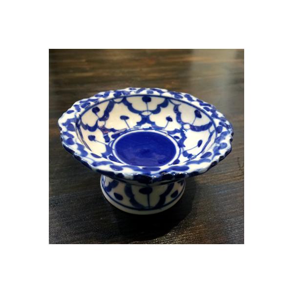 【タイ式・高式・小皿　11cm】 青白陶器 青白食器 パイナップル柄 陶器　小皿 タイ料理 アジアン料理 タイ雑貨