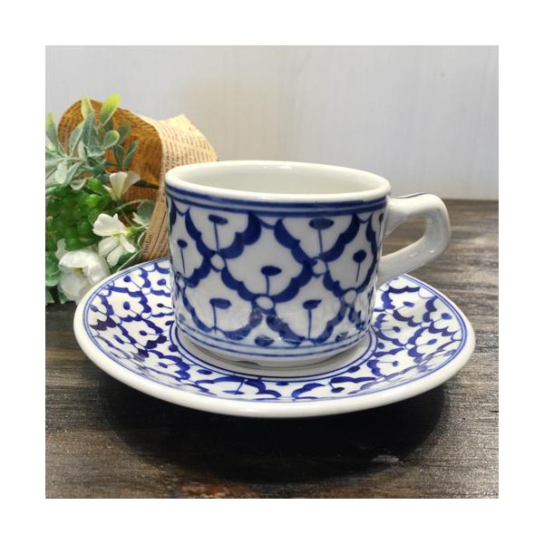 【青白陶器 ・カップ＆ソーサー 大 】 コーヒーカップ 青白陶器 青白食器 パイナップル柄 陶器　タイ料理 アジアン料理 タイ雑貨