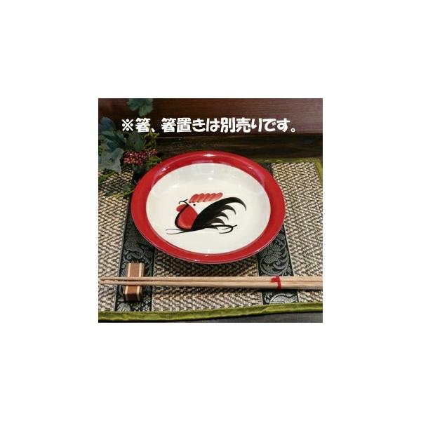 【にわとり食器 赤フチ　18.5cm】 にわとり柄食器・タイ北部・ランパーン食器・タイ料理・タイ雑貨