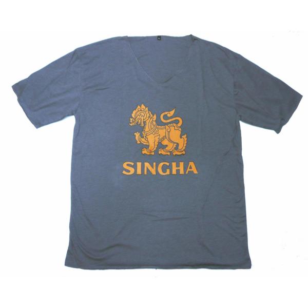 【Tシャツ（襟カットソータイプ）サイズL・XL　シンハビール・グレー（NO＝A）】ユニセックス　シンハービール　大き目　ゆったり　アジアン　ファッション