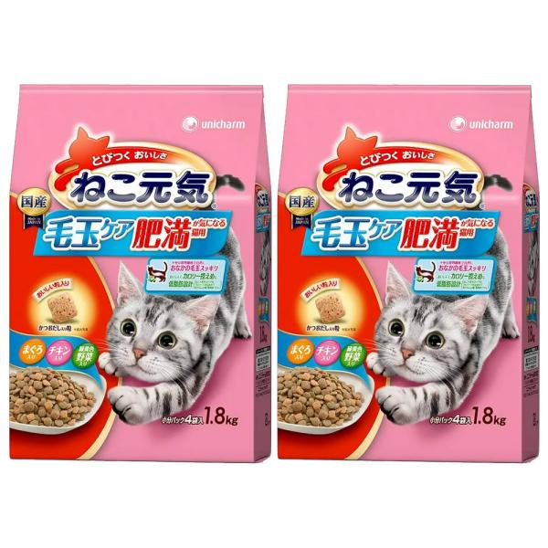 キャットフード　ねこ元気　毛玉ケア　肥満が気になる猫用　１．８ｋｇ　（４５０ｇ×４袋）　２袋入り