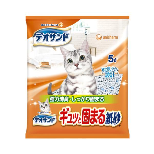 メーカー：ユニチャーム ユニ・チャーム　デオサンド　ギュッと固まる紙砂　５Ｌ　猫　猫用品　ネコ　猫砂　トイレ　紙製　固まる　燃やせる　トイレ砂　消臭　紙　砂　outlet_logi
