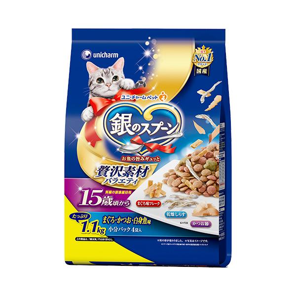 メーカー：ユニチャーム de20_unigpd　_neko　銀のスプーン　贅沢素材バラエティ　腎臓の健康維持用　１５歳頃から　まぐろ・かつお・白身魚味　１．１ｋｇ　4520699647615　G-77　猫フード　猫　キャットフード　成猫　国...
