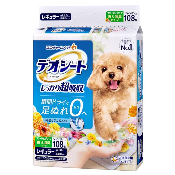 メーカー：ユニチャーム メーカー画像　ペットシーツ　デオシート　しっかり超吸収香り消臭タイプ　ホワイトフローラル＆グリーングラスの香り　レギュラー　１０８枚　4520699643778　20210316　ｙ21ｍ03　mikari　トイレ　...