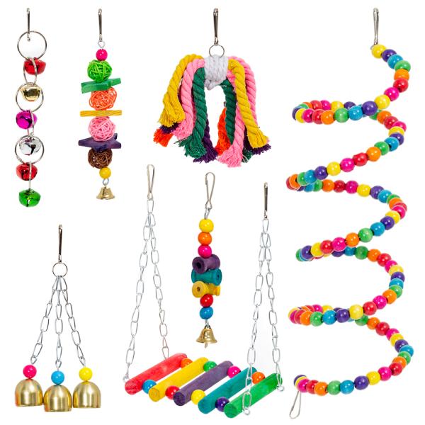 メーカー：fuu ｆｕｕ　鳥の吊りおもちゃ７点セット　カラフルビーズ＆カラフルぶらんこ　4573298441146　20210911　ＧＢＮＭ　y21m09　鳥　小鳥　おもちゃ　吊り下げ式　セット　アソート　ベル　鈴　木製　ブランコ　ビーズ...