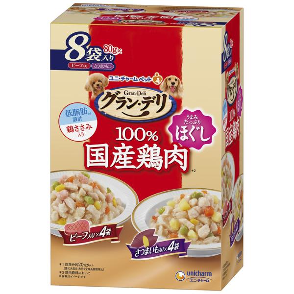 他サイト： グラン・デリ　国産鶏ささみ　パウチ　ほぐし　成犬用　８個パック　ビーフ入り＆さつまいも入り　８０ｇの商品画像