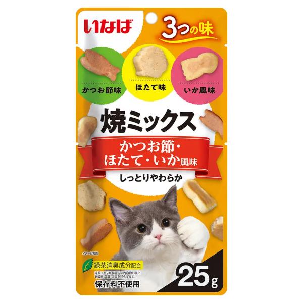 他サイト： ボール売り　いなば　焼ミックス３つの味　かつお節・ほたて・いか風味　２５ｇ　１ボール６袋の商品画像