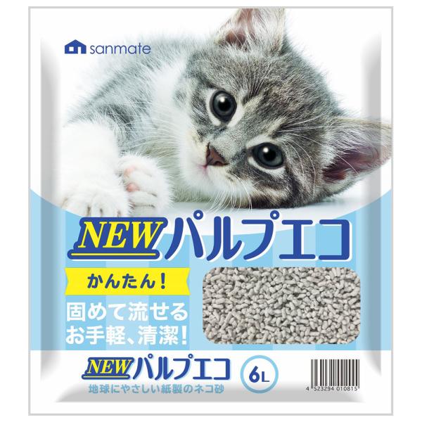 メーカー：サンメイト メーカー画像　猫砂　サンメイト　ＮＥＷパルプエコ　６Ｌ　4523294010815　20231011　ｙ23ｍ10　mura　ペット用　猫用品　紙砂　燃やせる　流せる　水洗トイレ　猫用　ねこ用　溶ける　固まる　再生原料...