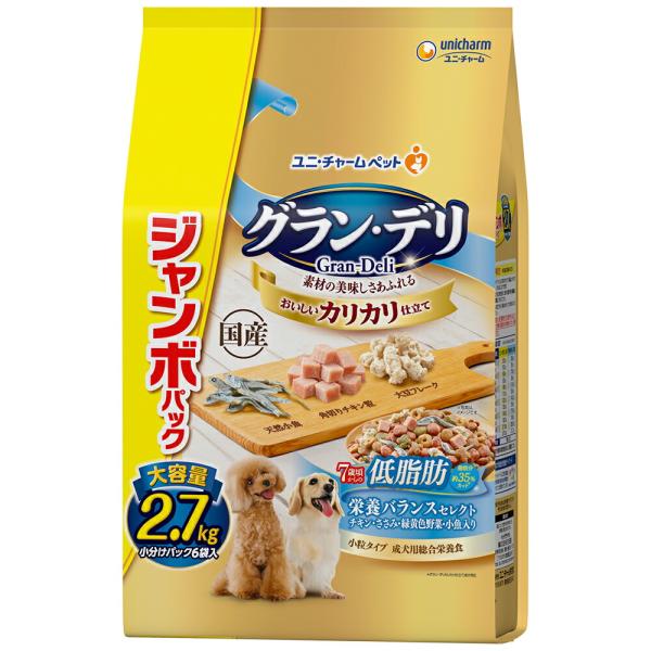 メーカー：ユニチャーム グラン・デリ　カリカリ仕立て　７歳頃からの　低脂肪　栄養バランスセレクト　脂肪分約３５％カット　ジャンボパック　２．７ｋｇ　×４　2250003046897　4520699606995　20240201　y24m02...
