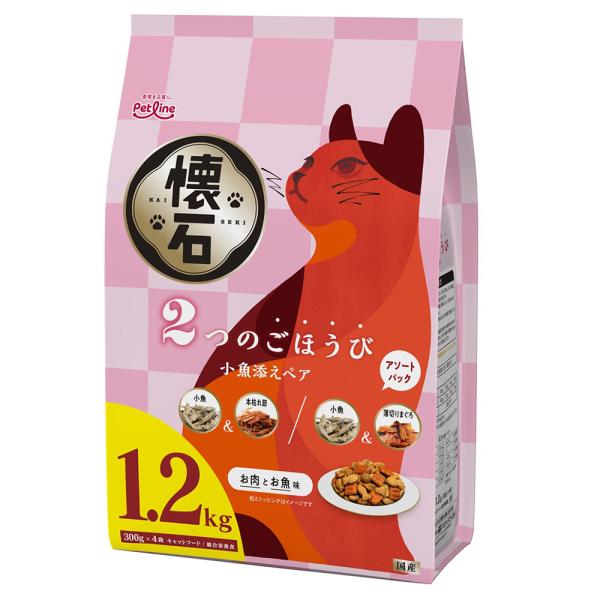 メーカー：ペットライン メーカー画像　キャットフード　懐石　２つのごほうび　小魚添えペア　１．２ｋｇ（３００ｇ×４袋）　猫フード　国産　4902418004563　20250308　y25m03　mikari　ネコ　カリカリ　下部尿路　日本...