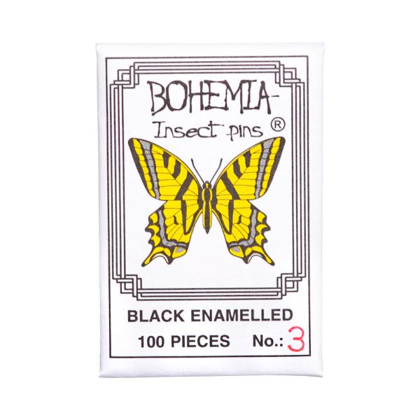 メーカー：六本脚 標本針　BOHEMIA　InsectPins　3号　ブラックエナメル　100本入り　長さ38mm　標本用品　標本　昆虫用品　ボヘミア　蝶　針　展翅　チェコ製　海外製　チョウ　チョウチョ　蝶々　ガ　蛾　小型　極細　有頭　ピン...