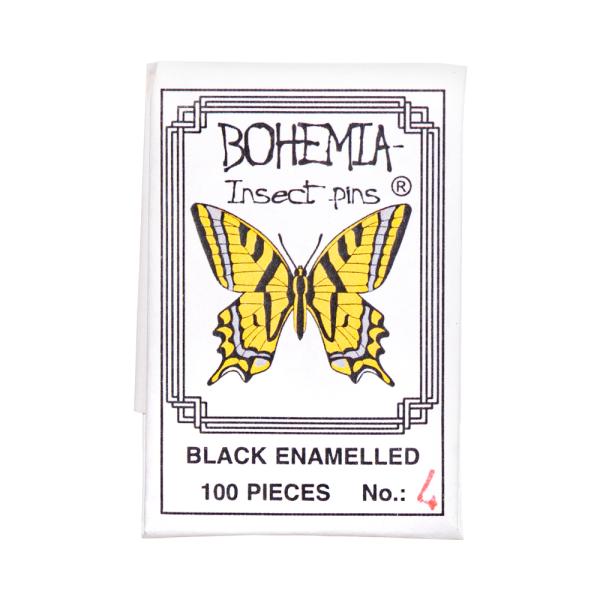 メーカー：六本脚 標本針　BOHEMIA　InsectPins　4号　ブラックエナメル　100本入り　長さ38mm　標本用品　標本　昆虫用品　ボヘミア　蝶　針　展翅　チェコ製　海外製　チョウ　チョウチョ　蝶々　ガ　蛾　小型　極細　有頭　ピン...