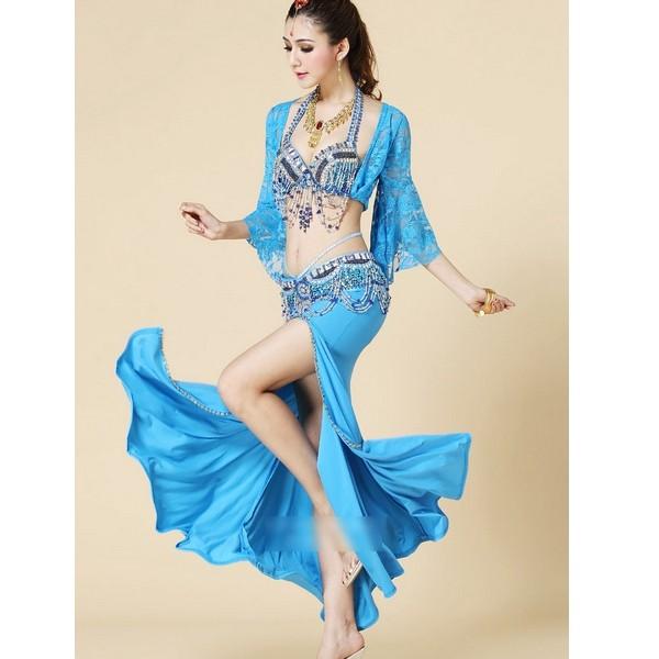 社交ダンス上下セット　トップス　ロングスカート 青色花柄刺繍レッスンウェアセット 社交ダンス上下セット トップス ロングスカート 青色花柄刺繍レッスン