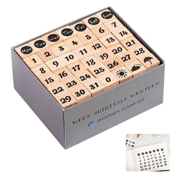 木製スタンプ 42個セット 数字＆曜日 デコスタンプ 天気 日常 ハンコ