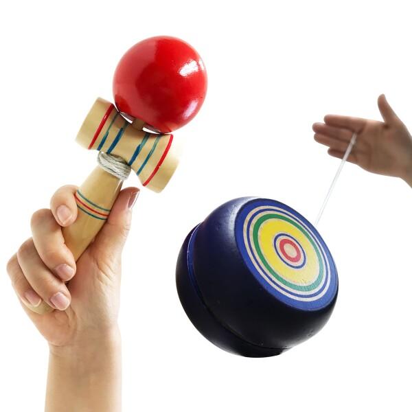 民芸手遊びセット 木製 ヨーヨー けん玉 コマ 逆立ちコマ 投げゴマ