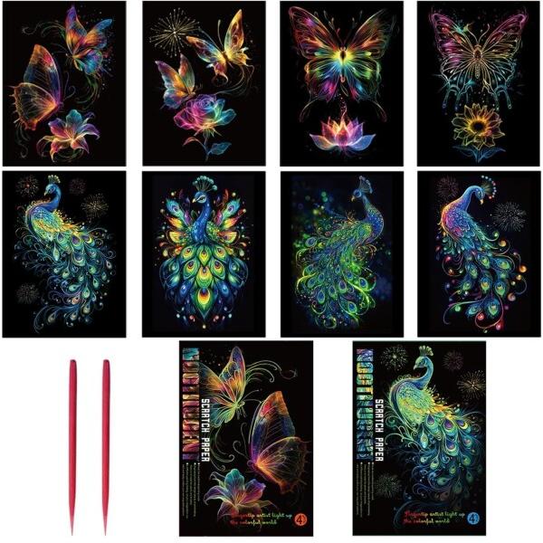 himsyuden 8枚セット スクラッチアート 夜光効果 削るだけで美しい