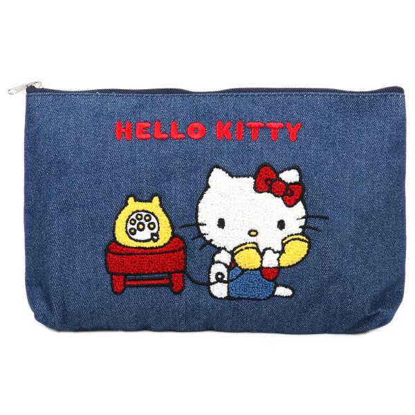 ハローキティ ポーチ フラットポーチ 化粧ポーチ サガラ刺繍 デニム コスメポーチ 小物入れ  かわいい おしゃれ サンリオ sanrio キャラクタ
