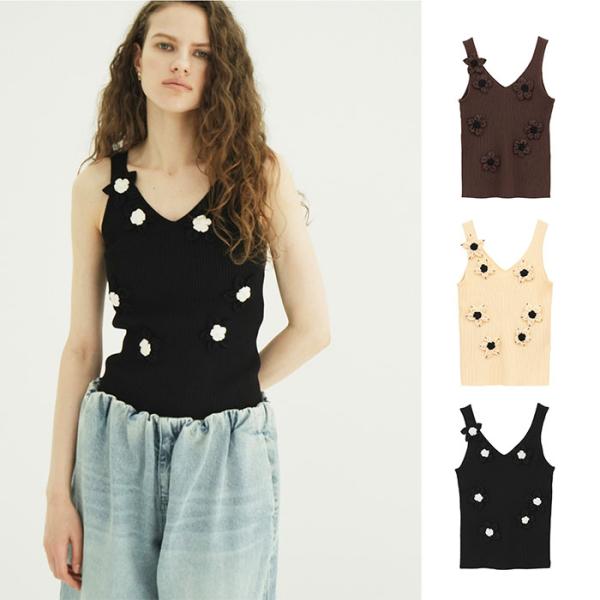 7月18日発送予定 CLANE 正規商品 クラネ フラワーモチーフキャミニットトップス FLOWER MOTIF CAMI KNIT TOPS イエロー/ブラウン/ブラック 3色 2026秋冬新作