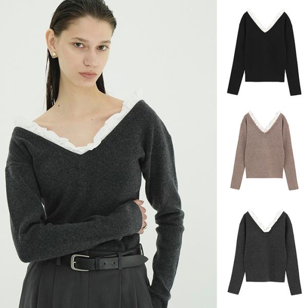 CLANE 正規商品 クラネ 2WAY フリル Vネック ニット トップス 2WAY FRILL V NECK KNIT TOPS ベージュ/グレー/ブラック 3色展開  2026秋冬新作