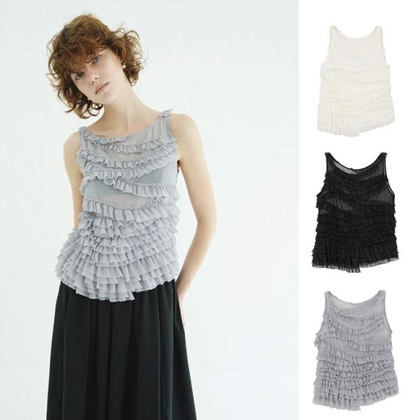 CLANE 正規商品 クラネ トップス ランダム フリル ノースリーブ トップス RANDOM FRILL SHEER N/S TOPS ブラック/グレー/アイボリー 3色展開 2026秋冬新作