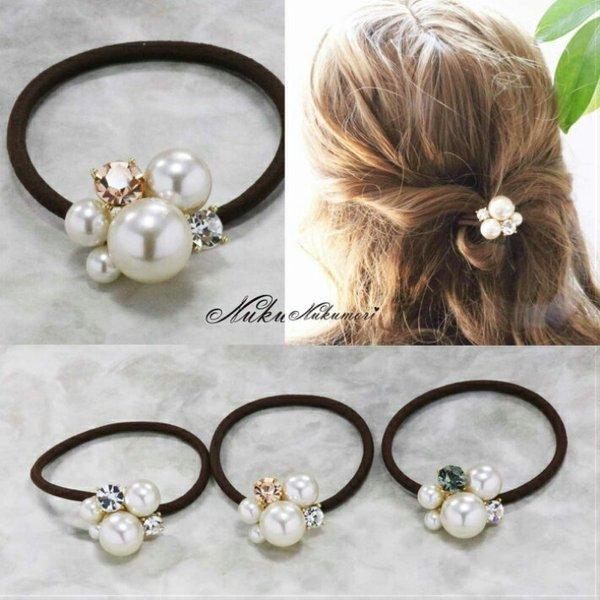パールラインストーンポニーB ヘアゴム ビジュー パール ヘアアクセサリー レディース