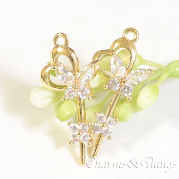 蝶 花 かぎ パーツ ジルコニアハート KEY チャーム 鍵 (2個入り 