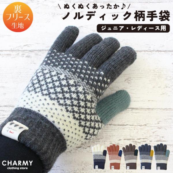 【裏フリース】 ノルディック柄 手袋 ジュニア レディース メンズ 女性用 男性用 高学年 中学生 高校生  通学 通勤 冬