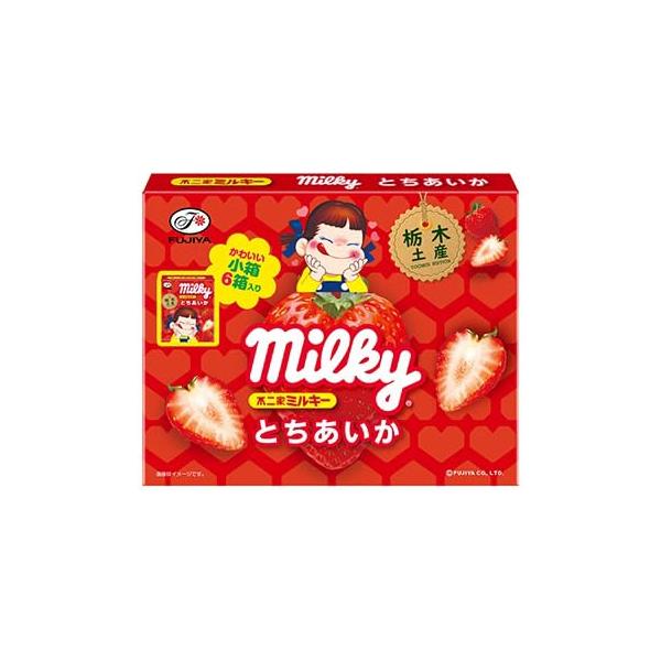 「商品情報」商品の説明栃木土産のとちあいか味のミルキーです。1箱に小箱が6個入り、おみやげ品として最適です。原材料・成分水あめ（国内製造）、加糖練乳、上白糖、植物油脂、食塩、濃縮いちご果汁／乳化剤、着色料（野菜色素、カロテノイド）、香料「主...
