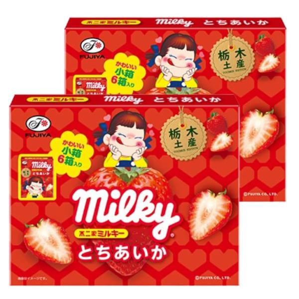 「商品情報」商品の説明栃木土産のとちあいか味のミルキーです。1箱に小箱が6個入り、おみやげ品として最適です。原材料・成分水あめ（国内製造）、加糖練乳、上白糖、植物油脂、食塩、濃縮いちご果汁／乳化剤、着色料（野菜色素、カロテノイド）、香料「主...