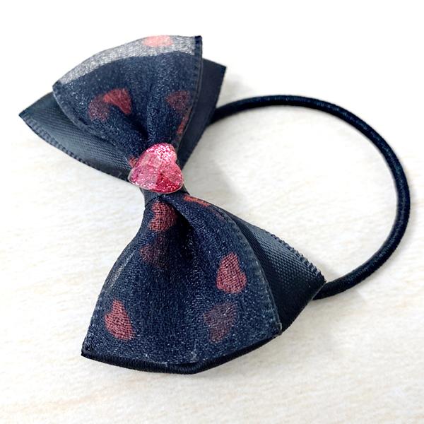 ヘアゴム リボン ハート柄 2個 ストーン オーガンジー おしゃれ