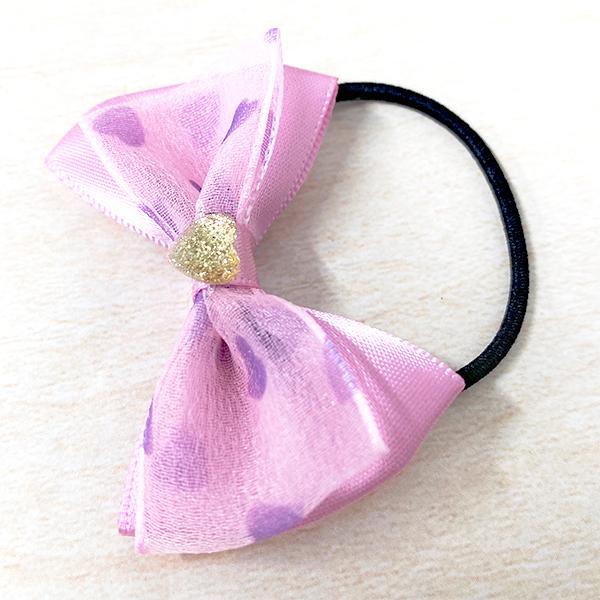 ヘアゴム リボン ハート柄 2個 ストーン オーガンジー おしゃれ