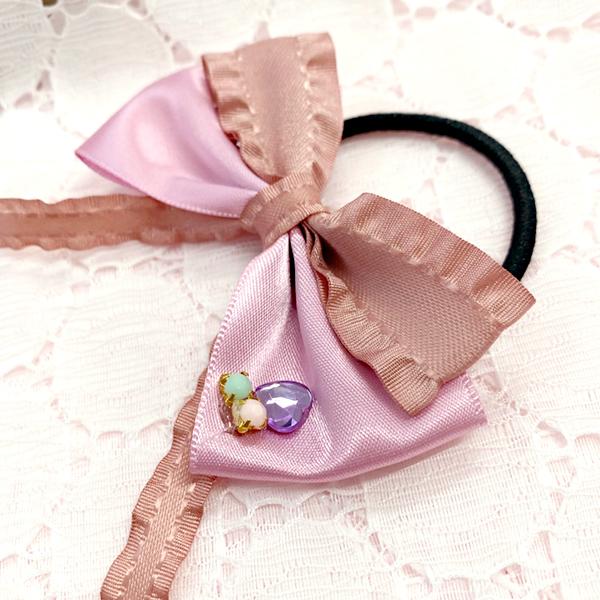ヘアゴム リボン ダブル ストーン ひらひら おしゃれ ハンドメイド