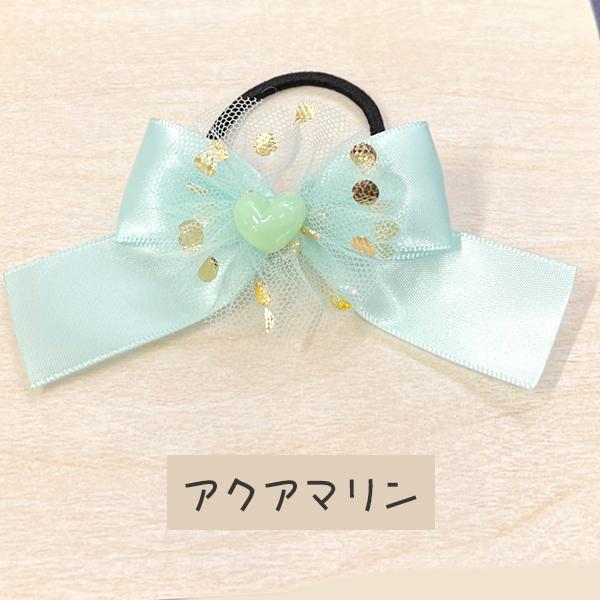 ヘアゴム サテン＆オーガンジー ドット柄 水玉 ハート付き キッズ 子供 