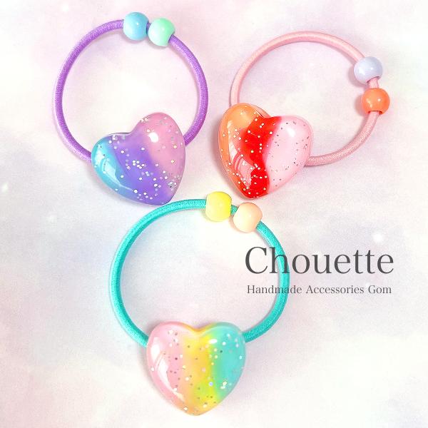 ヘアゴム 女の子 ハート ラメ カラフル 3個 手作り おしゃれ ビーズ