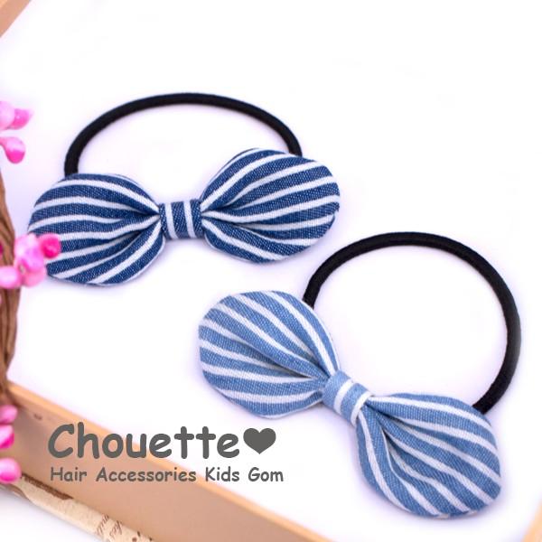 デニムスリムストライプリボンのキッズヘアゴム ヘアアクセサリー 大人  