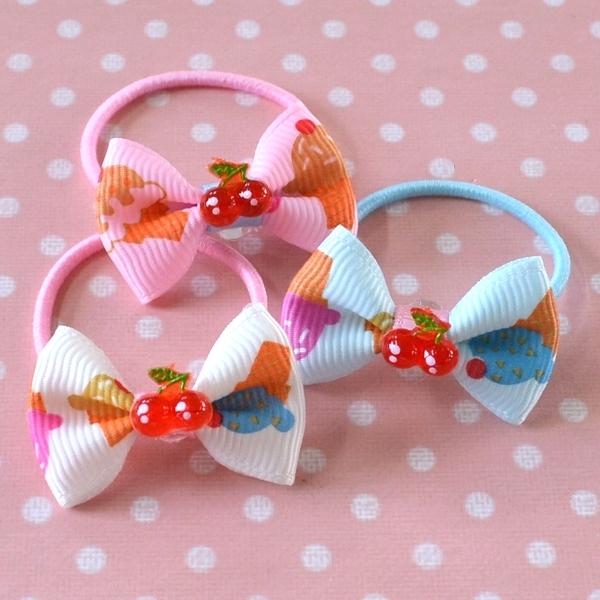 キッズ用 チェリー+グログランリボンのヘアゴム 3個セット ヘア