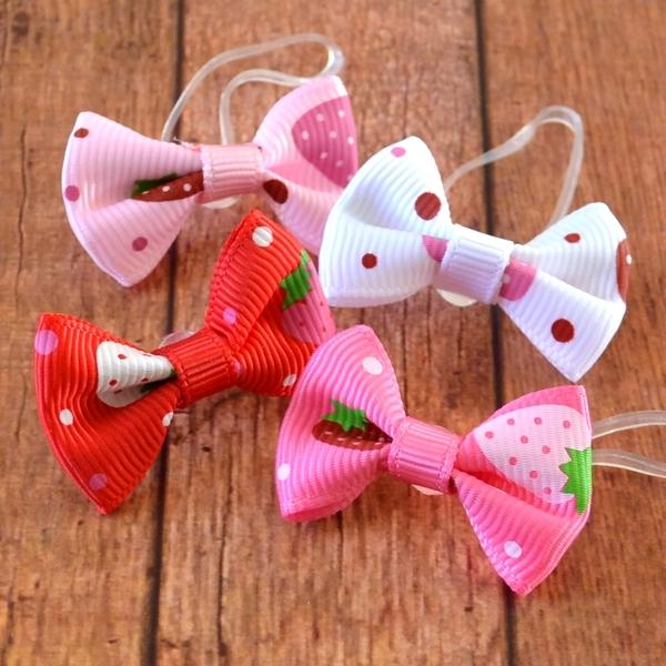 キッズ用 イチゴ柄グログランリボンの絡まないゴム 4個 ヘア
