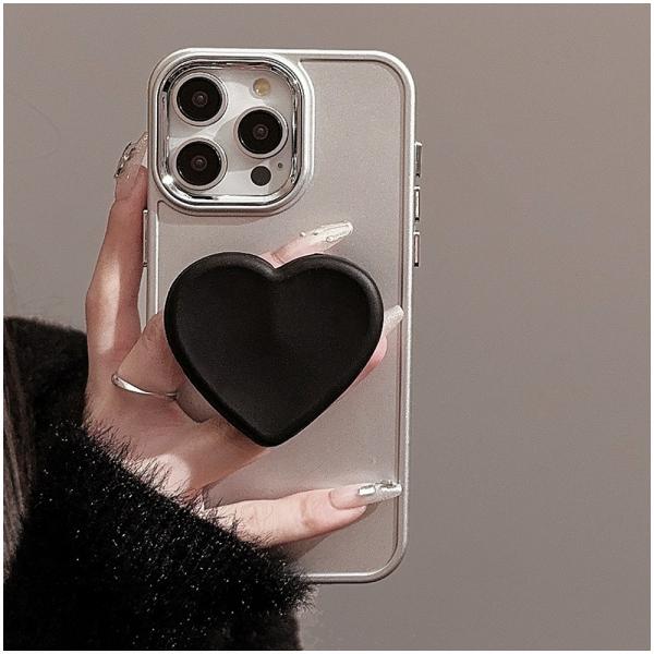 iPhone 15 Pro ハート型ケース グレー iPhone15 ケース ハート スマホグリップ付き 15Puls iPhone 14