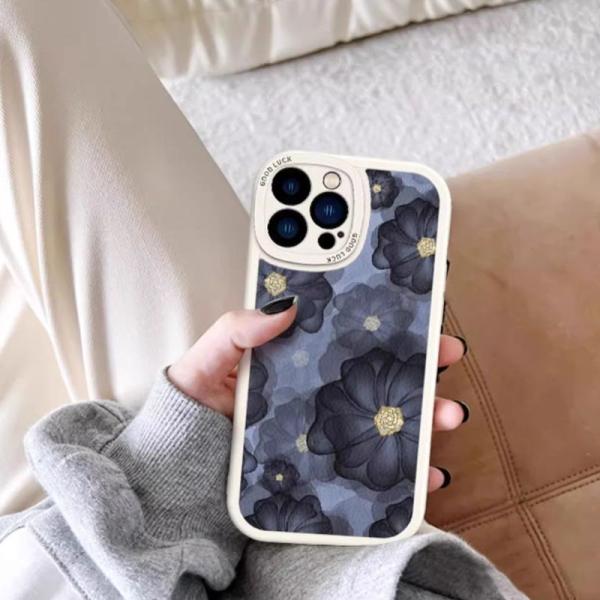 かりめろ ♩♩　 花柄 iPhoneケース ブラック iPhone15ケース クリア 透明 iphone14ケース iphone13ケース
