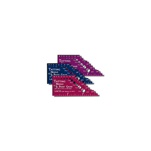 ピコットゲージ　7.6×3.5ｃｍプラスチック製ピコのサイズをそろえるために使うゲージです。また、タティングニードルのサイズを確認することもできます。色は、バイオレット、ブルー、ピンクの3色。中国製。