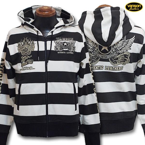 Vanson フード付きパーカー ウイングスター 黒L VANSON（バンソン） 20％OFF SALE!! 裏毛フルジップパーカー ボーダー