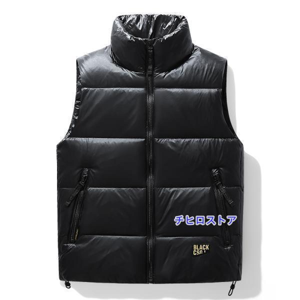 ダウンベスト メンズ 光沢 大きいサイズ 立ち襟 ワンポイント 防寒着
