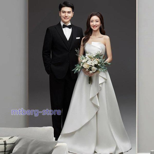 ウェディングドレス 二次会 結婚式 ブライダル ロングドレス サテン ベアトップ ビスチェ 前撮り 挙式 花嫁 記念撮影 ウエディングドレス シンプル Aライン ウェディングドレス 二次会 結婚式 ブライダル ロングドレス サテン