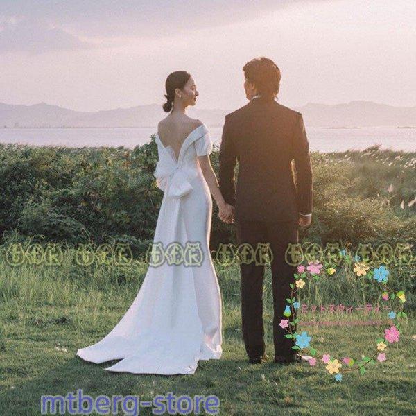 ウェディングドレス 背中開き リボン パーティードレス Aラインドレス 上品 エレガント 結婚式 披露宴 二次会 前撮り パーティー 花嫁 ブライダル おしゃれ ウェディングドレス 結婚式 披露宴 二次会 前撮り パーティー サテン