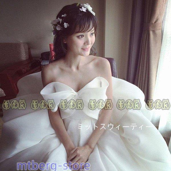 二次会ドレス　花嫁 肩リボンサテンAラインドレス　韓国ドレス ウェディングドレス 肩リボン サテンドレス 二次会ドレス 前撮り